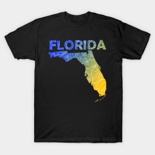 Colorful mandala art map of Florida with text in blue and yellow T-Shirt